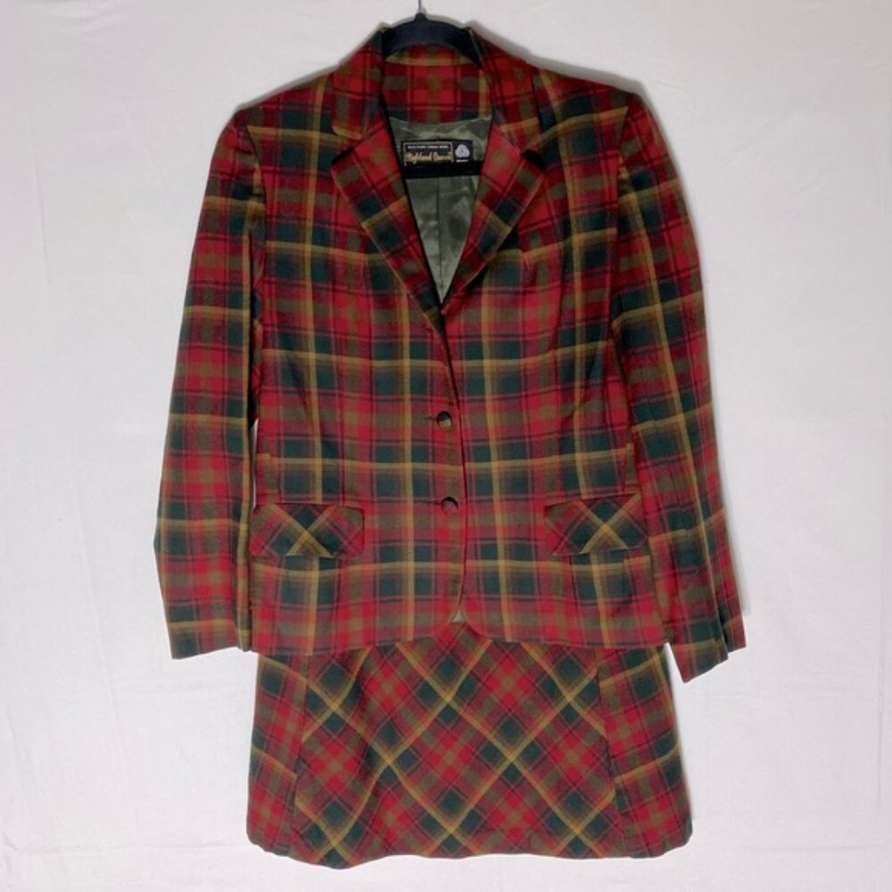 Vintage Highland Queen Red Green Tartan Plaid Wool Skirt Suit Matching Set XS